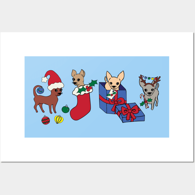 Blue Christmas Chihuahuas - smooth coat chihuahuas - Chihuahua Christmas Tee Wall Art by bettyretro